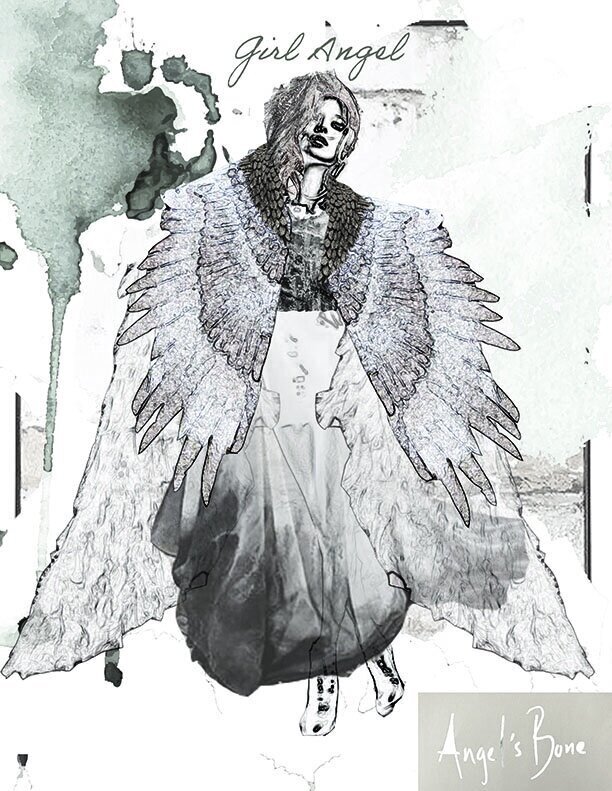 angels bone costume rendering of a female angel in grayscale