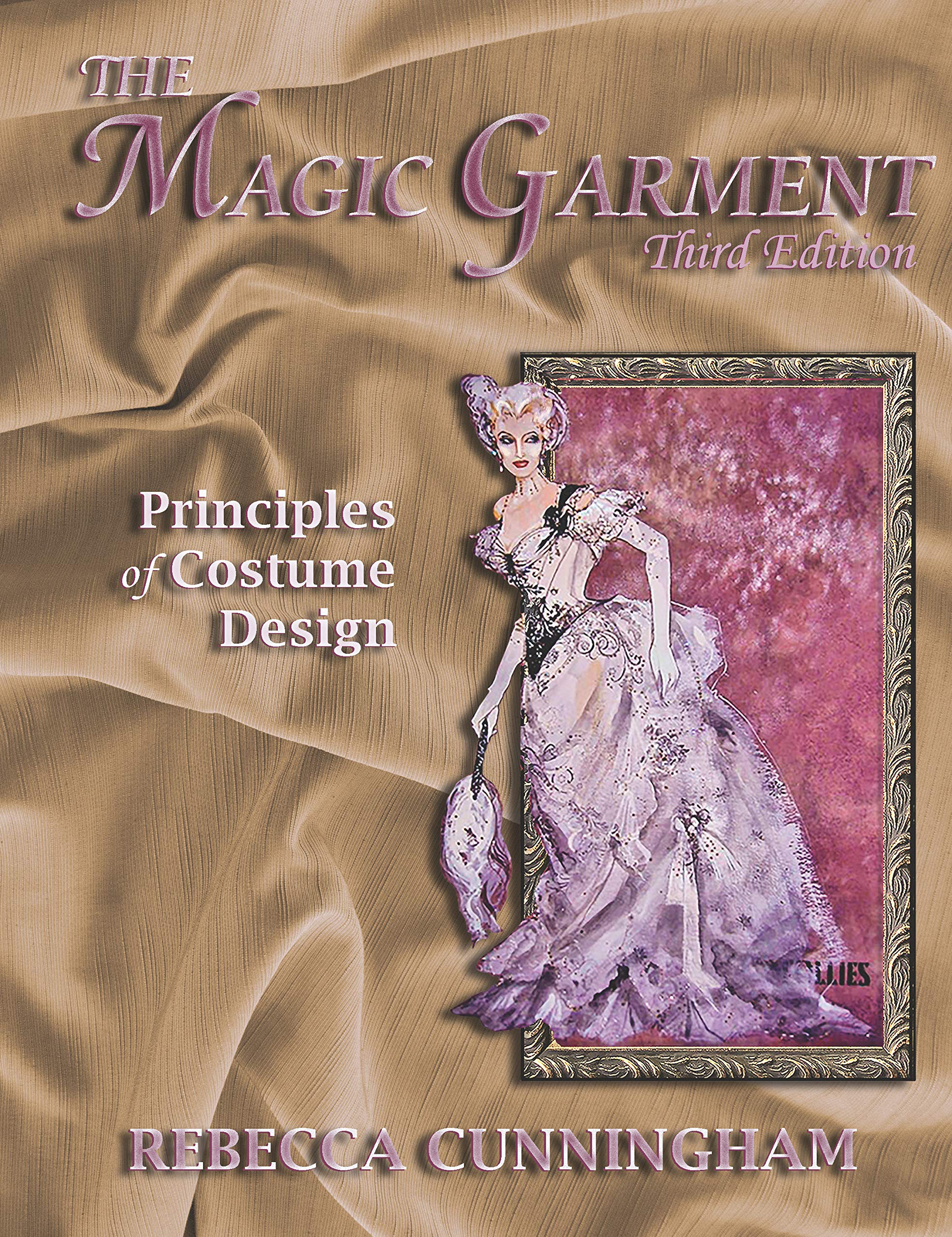 Magic garment book cover with a tan fabric background and a 1800s woman in a purple gown