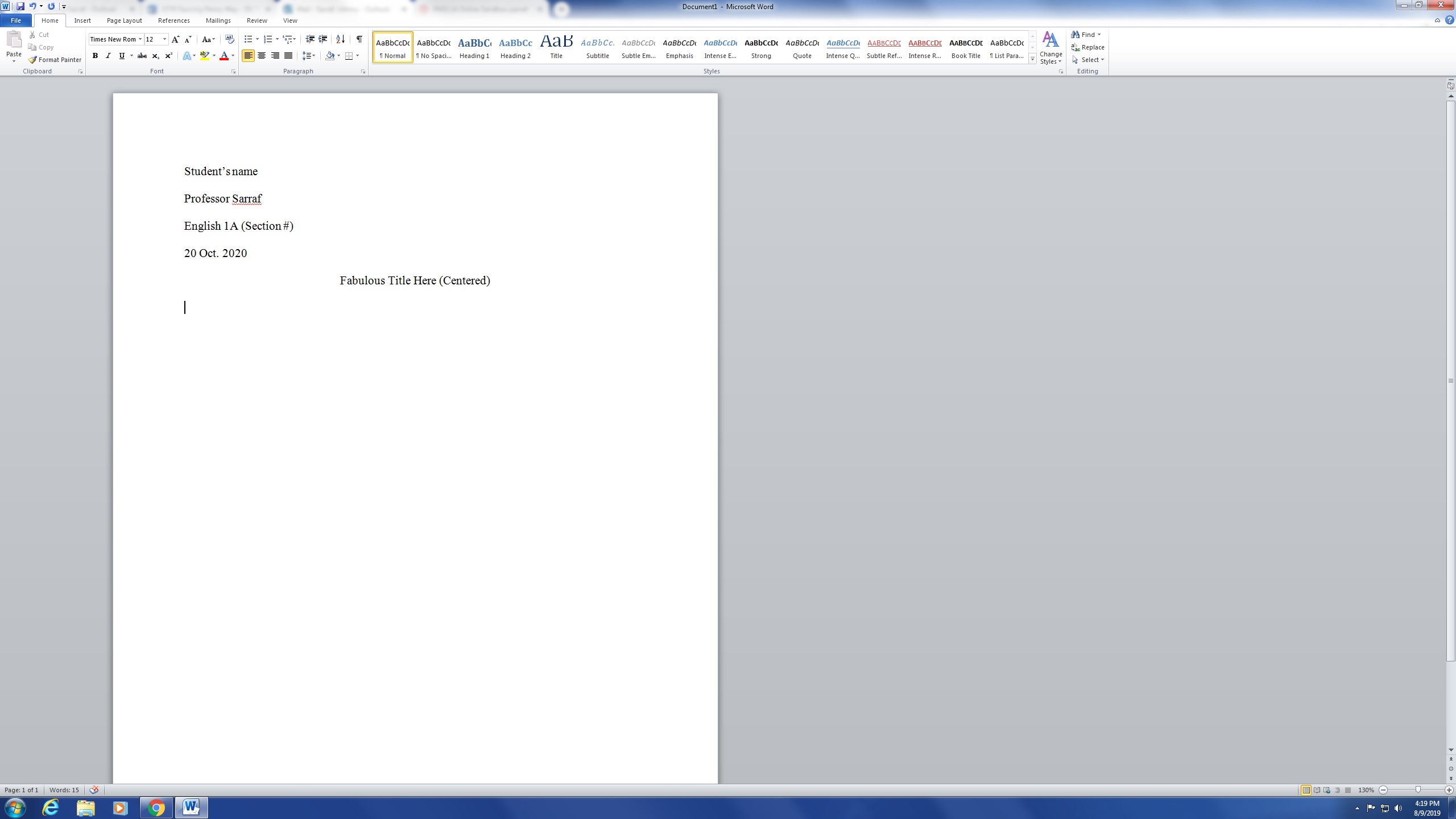 First page of an essay