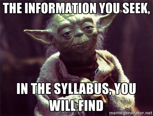 Yoda meme "The information you seek, in the syllabus you will find."